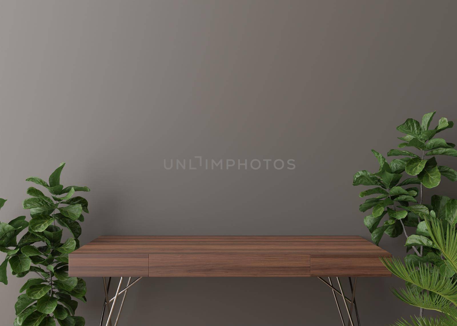 Empty brown wall. Mock up interior in contemporary style. Close up view. Free space, copy space for your picture, text, or another design. Sideboard, plants. 3D rendering. by creativebird