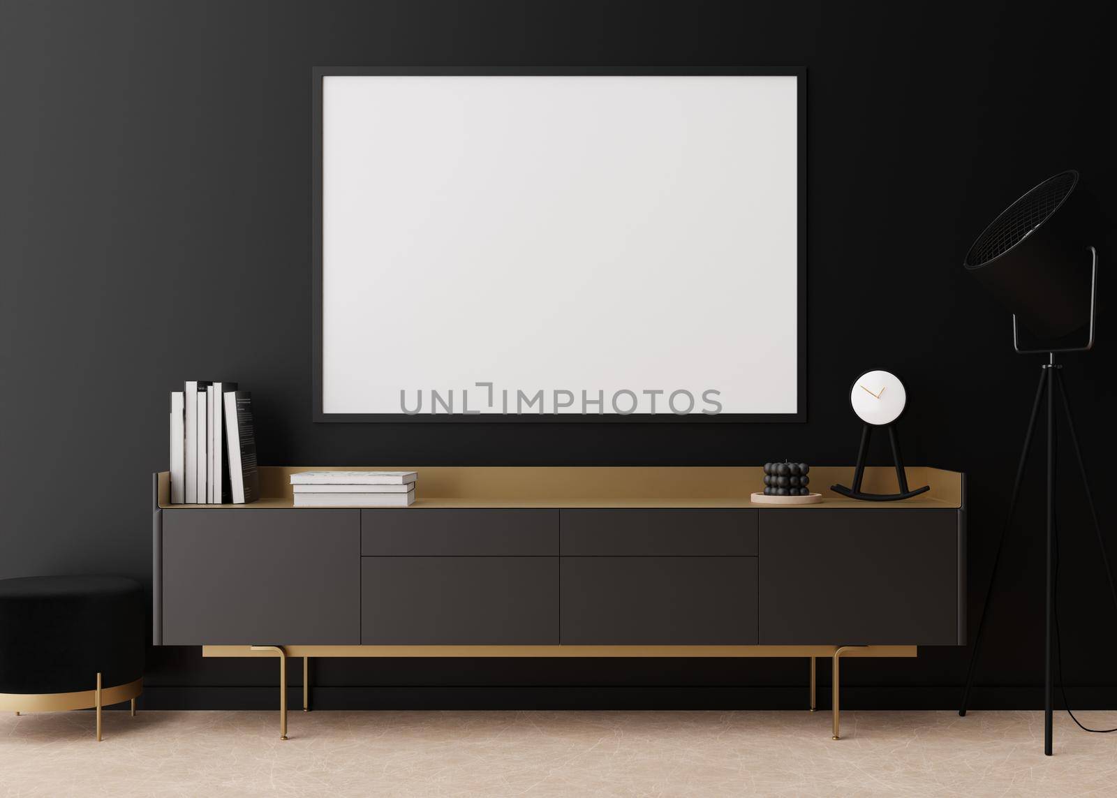 Empty horizontal picture frame on black wall in modern living room. Mock up interior in contemporary style. Free space, copy space for your picture, poster. Console, lamp, books. 3D rendering