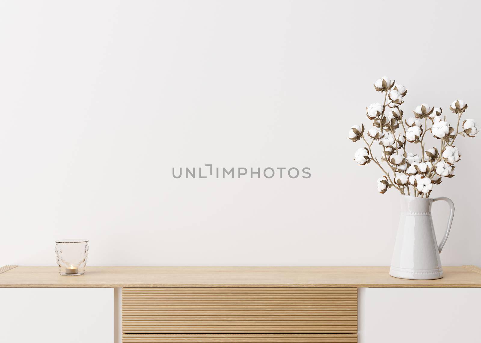 Empty white wall. Mock up interior in contemporary style. Close up view. Free space, copy space for your picture, text, or another design. Sideboard, cotton plant. 3D rendering. by creativebird