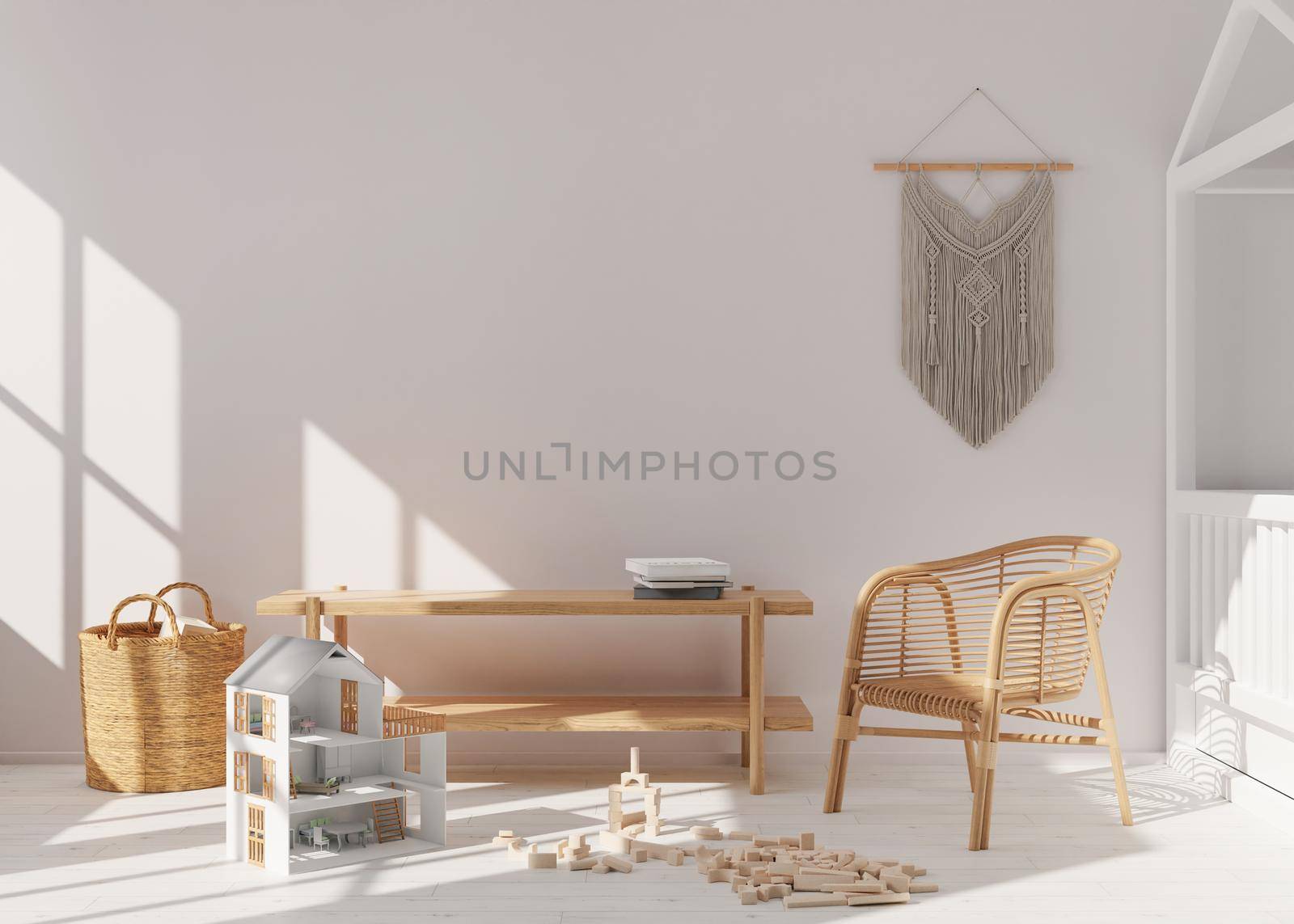 Empty white wall in modern child room. Mock up interior in scandinavian, boho style. Copy space for your picture or poster. Console, rattan armchair, toys, macrame. Cozy room for kids. 3D rendering. by creativebird