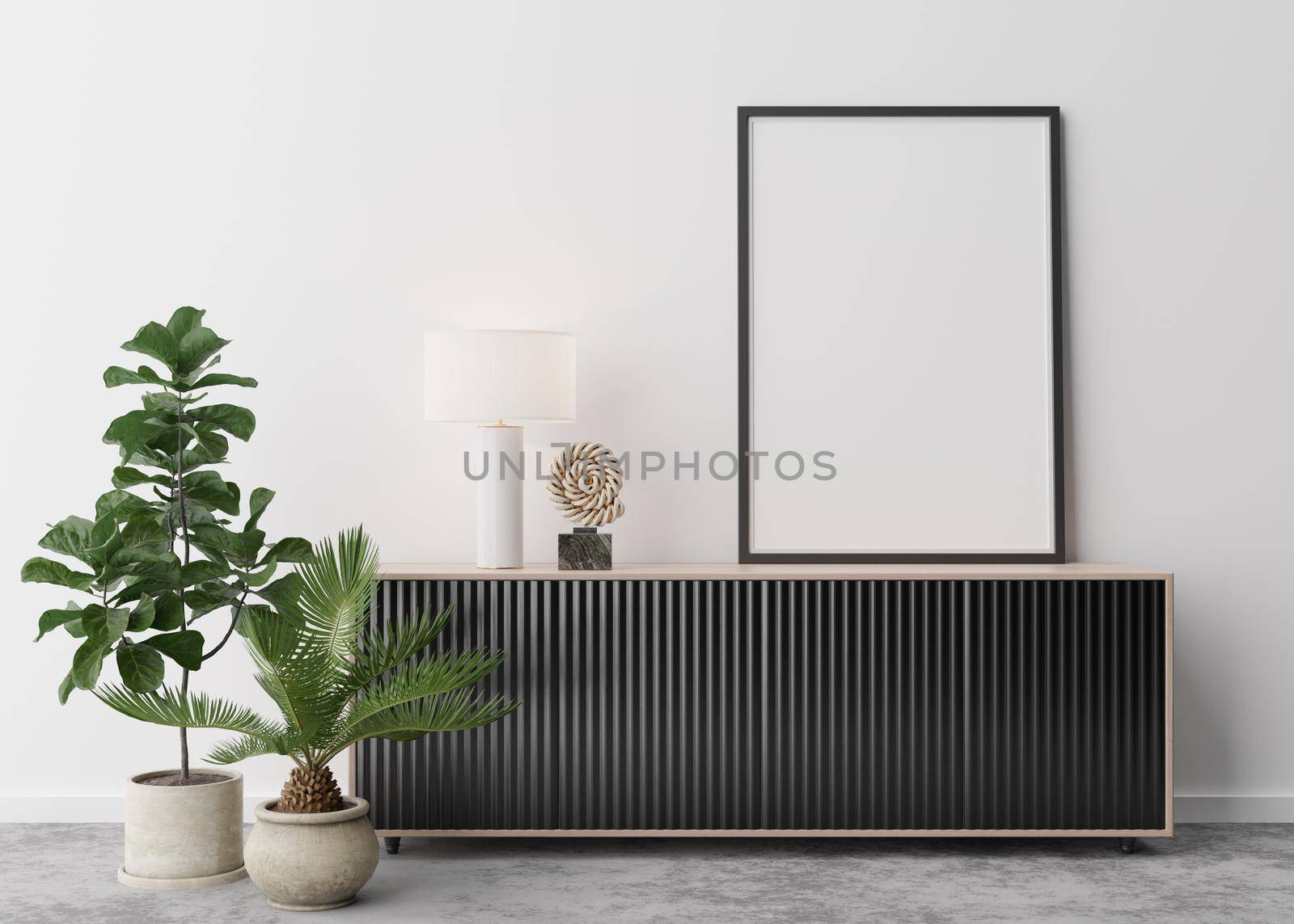 Empty vertical picture frame on white wall in modern living room. Mock up interior in contemporary style. Free space for picture, poster. Console, plants. 3D rendering. by creativebird