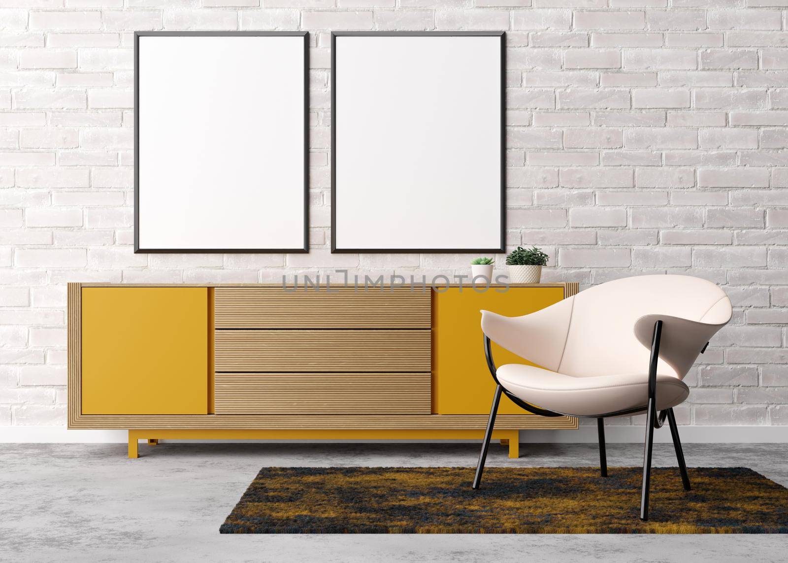 Two empty vertical picture frames on white brick wall in modern living room. Mock up interior in contemporary style. Free space for picture, poster. Armchair, yellow sideboard, plants. 3D rendering. by creativebird
