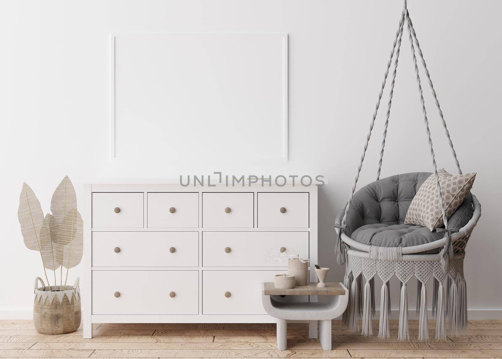 Empty picture frame on white wall in modern living room. Mock up interior in scandinavian, boho style. Free, copy space for your picture. Console, rattan basket, hanging armchair. 3D rendering