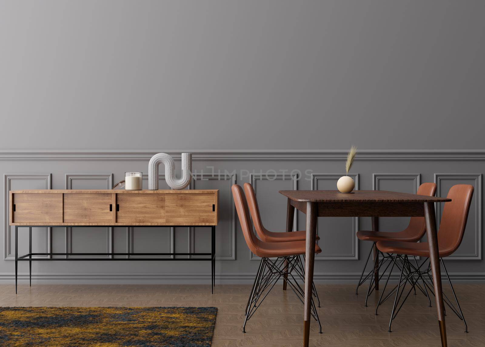 Empty gray wall in modern dining room. Mock up interior in contemporary style. Free space, copy space for your picture, text, or another design. Dining table with chairs, parquet floor. 3D rendering. by creativebird