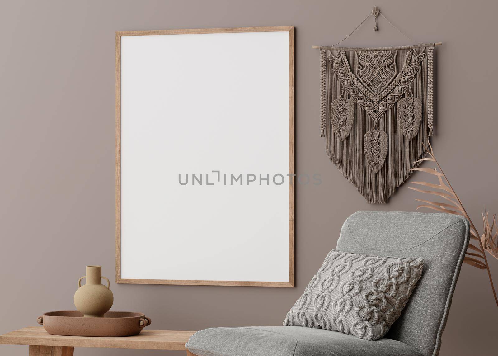Empty vertical picture frame on brown wall in modern living room. Mock up interior in scandinavian, boho style. Free, copy space for your picture. Armchair, macrame, vase, dried grass. 3D rendering