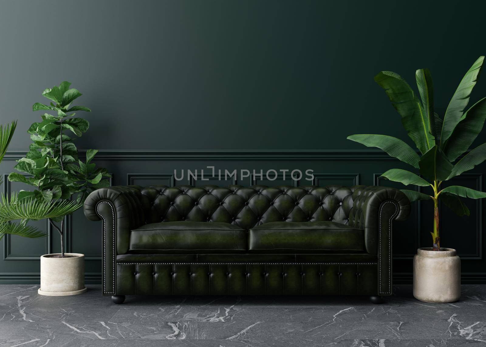 Empty dark green wall in modern living room. Mock up interior in classic style. Free space, copy space for your picture, text, or another design. Leather sofa, plants. 3D rendering