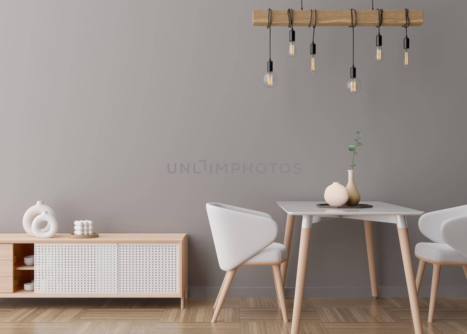 Empty gray wall in modern living room. Mock up interior in contemporary, scandinavian style. Free, copy space for picture, poster, text, or another design. Console, table, chairs, lamp. 3D rendering