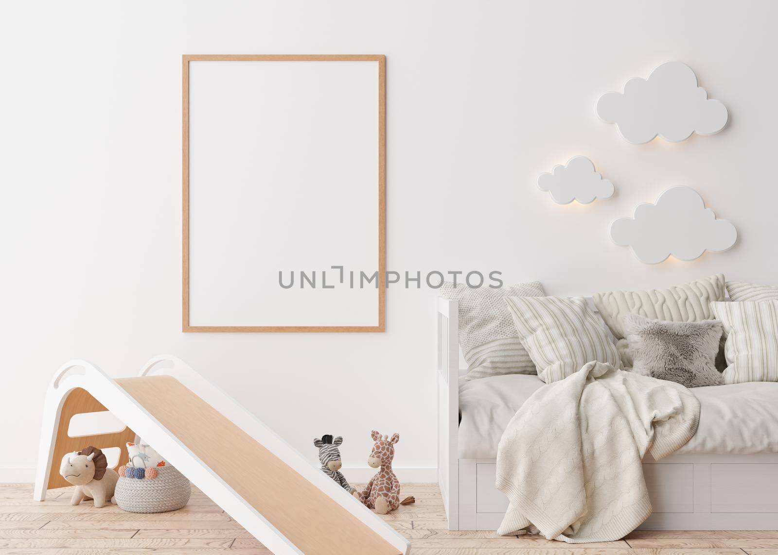 Empty vertical picture frame on white wall in modern child room. Mock up interior in scandinavian style. Free, copy space for your picture. Bed, slide, toys. Cozy room for kids. 3D rendering
