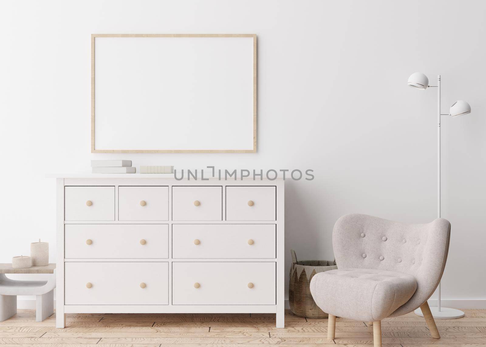 Empty horizontal picture frame on white wall in modern living room. Mock up interior in scandinavian style. Free, copy space for your picture, poster. Armchair, sideboard, lamp, books. 3D rendering
