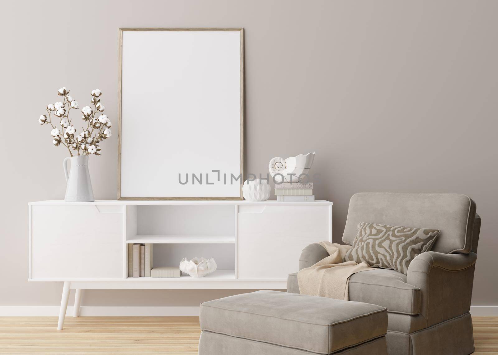 Empty vertical picture frame on cream wall in modern living room. Mock up interior in minimalist, scandinavian style. Free, copy space for picture. Console, armchair, cotton plant, vase. 3D rendering. by creativebird
