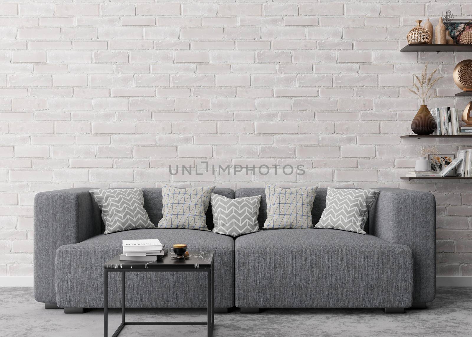 Empty white brick wall in modern living room. Mock up interior in contemporary style. Free space, copy space for your picture, text, or another design. Sofa, table, shelves. 3D rendering