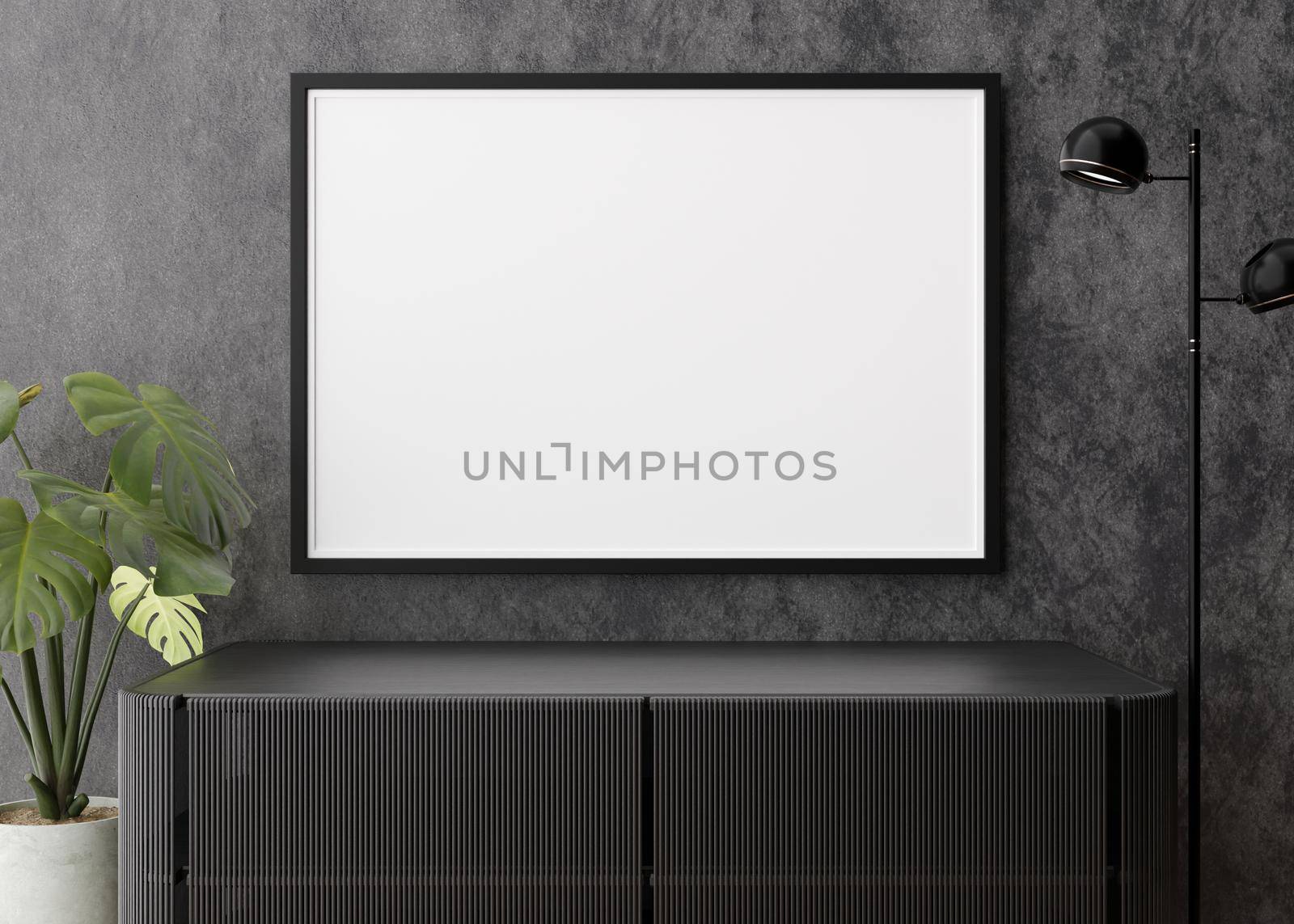 Empty horizontal picture frame on dark wall in modern living room. Mock up interior in contemporary style. Free, copy space for your picture, poster. Console, lamp, monstera plant. 3D rendering