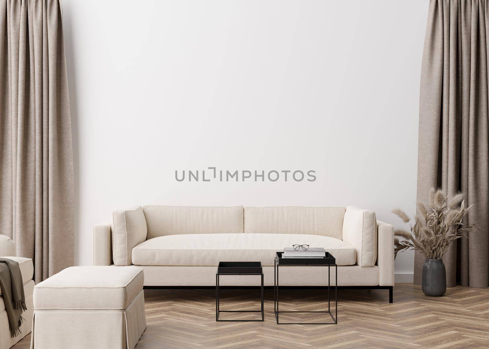 Empty white wall in modern living room. Mock up interior in contemporary, scandinavian style. Free, copy space for picture, poster, text, or another design. Sofa, table, pampas grass. 3D rendering