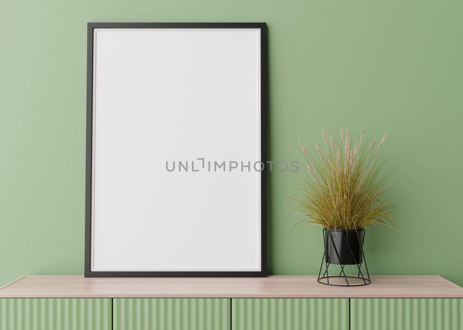 Empty vertical picture frame on green wall in modern living room. Mock up interior in contemporary style. Free space for picture, poster. Console, plant. 3D rendering