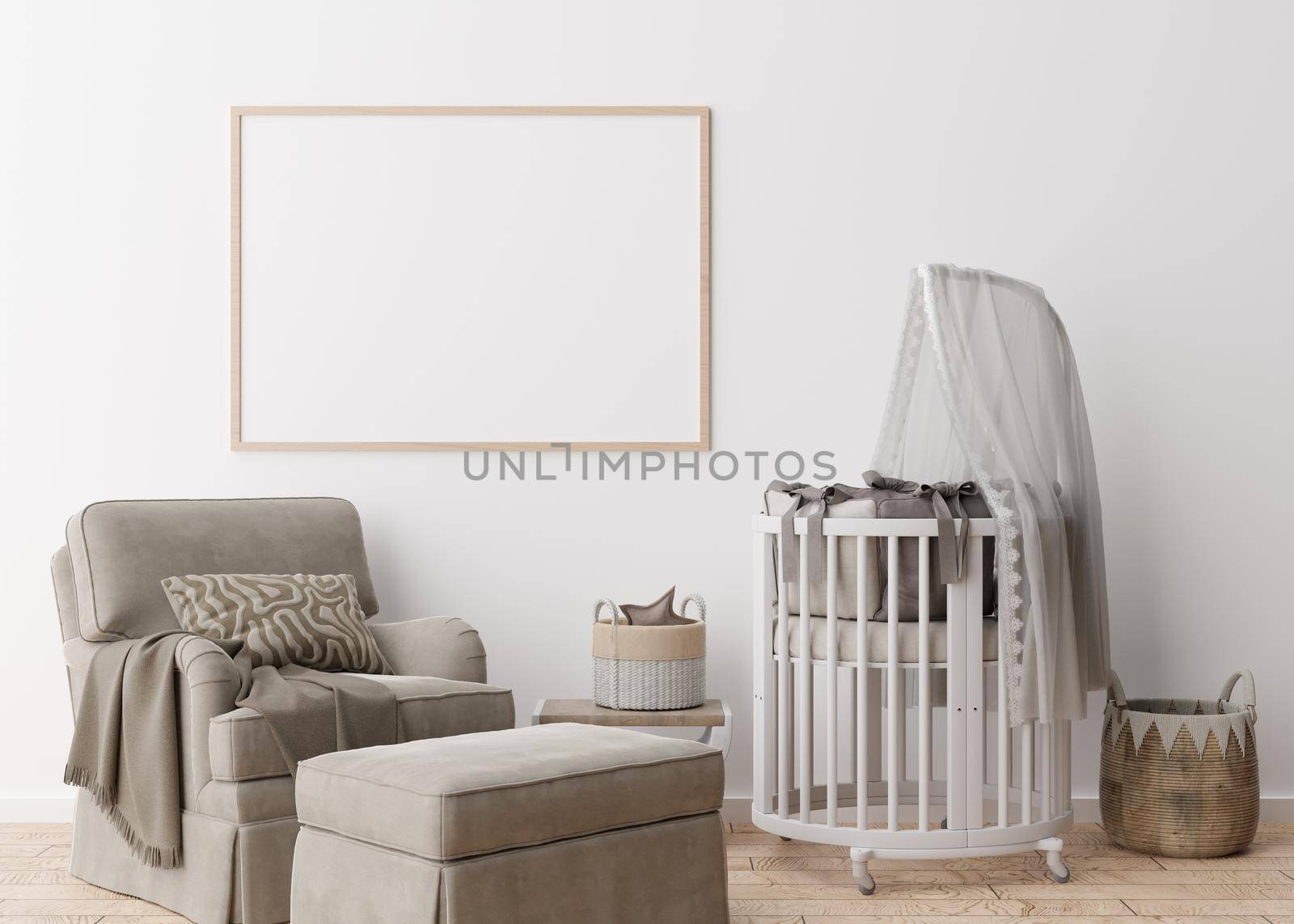 Empty horizontal picture frame on white wall in modern child room. Mock up interior in scandinavian style. Free, copy space for your picture. Baby bed, armchair. Cozy room for kids. 3D rendering