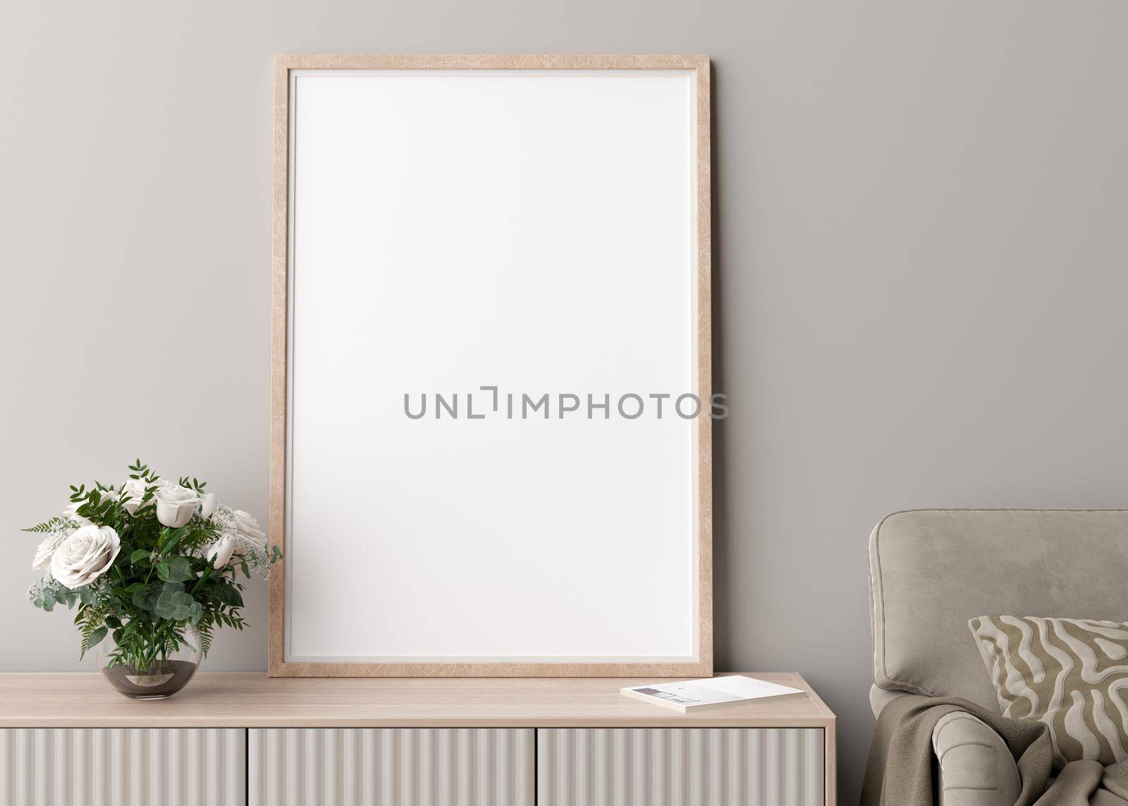 Empty vertical picture frame on cream wall in modern living room. Mock up interior in minimalist, scandinavian style. Free space for picture. Console, flowers in vase, armchair. 3D rendering