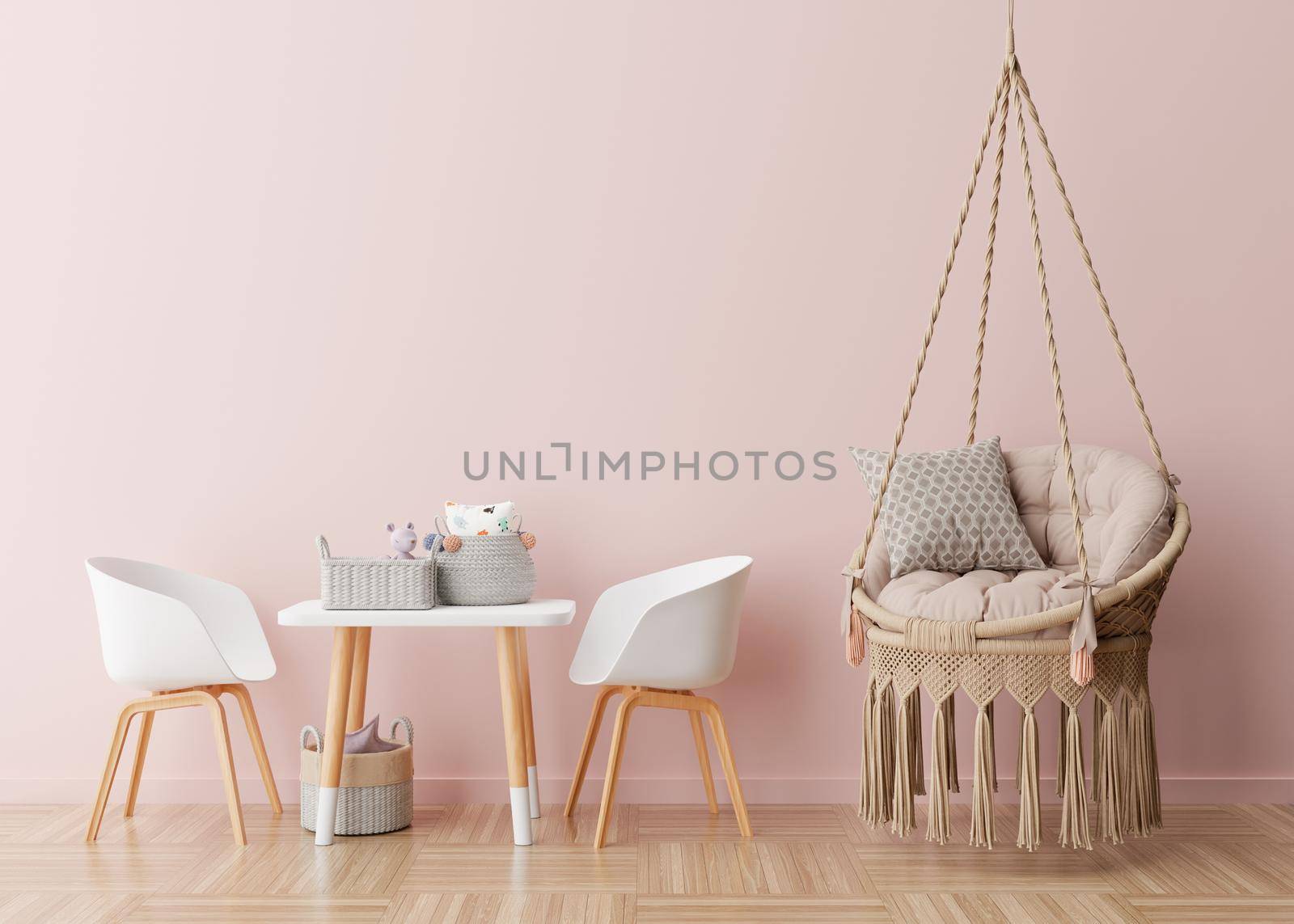 Empty pink wall in modern child room. Mock up interior in scandinavian, boho style. Free, copy space for your picture, poster. Table, chairs, hanging armchair, toys. Cozy room for kids. 3D rendering. by creativebird