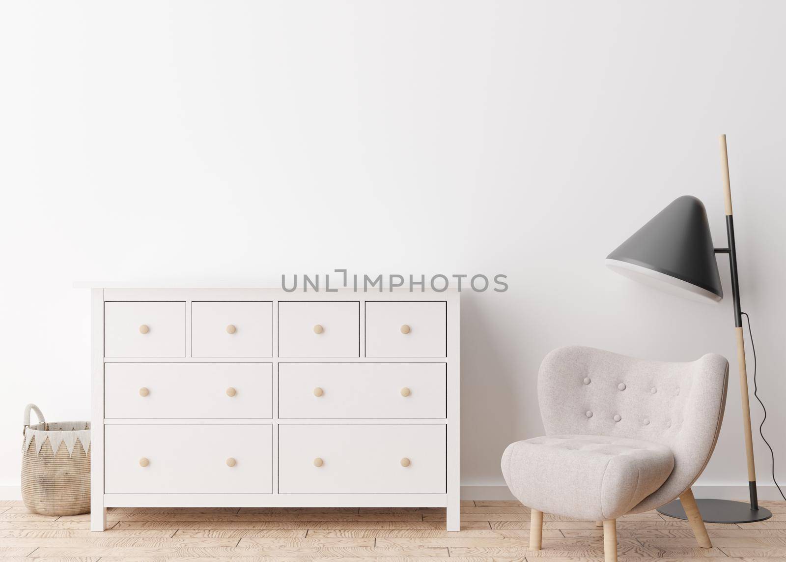 Empty white wall in modern living room. Mock up interior in contemporary, scandinavian style. Free, copy space for picture, poster, text, or another design. Armchair, console, lamp. 3D rendering. by creativebird