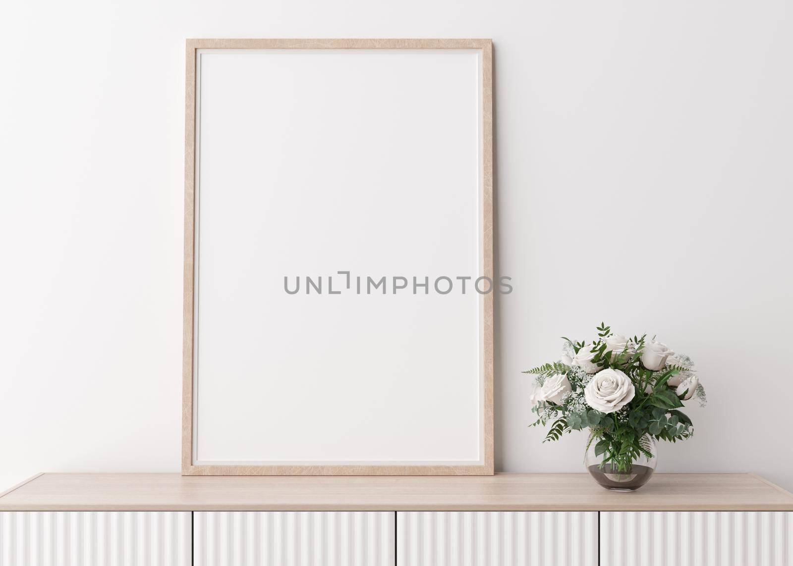 Empty vertical picture frame on white wall in modern living room. Mock up interior in minimalist, scandinavian style. Free space for picture. Console, flowers in vase. 3D rendering