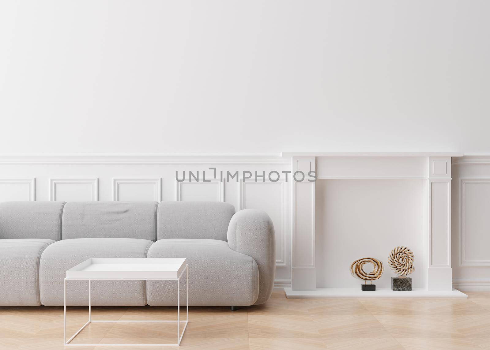 Empty white wall in modern living room. Mock up interior in contemporary style. Free, copy space for picture, poster, text, or another design. Sofa, table, sculptures. 3D rendering