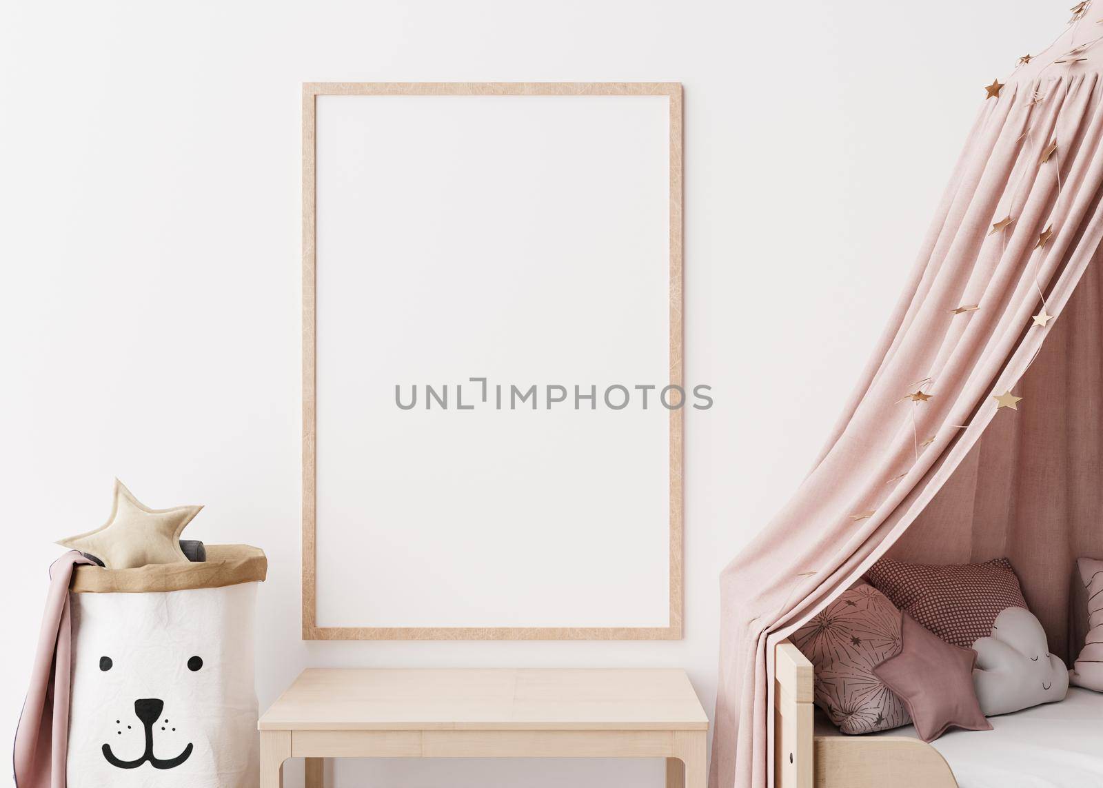 Empty vertical picture frame on white wall in modern child room. Mock up interior in scandinavian style. Free, copy space for your picture. Close up view. Cozy room for kids. 3D rendering