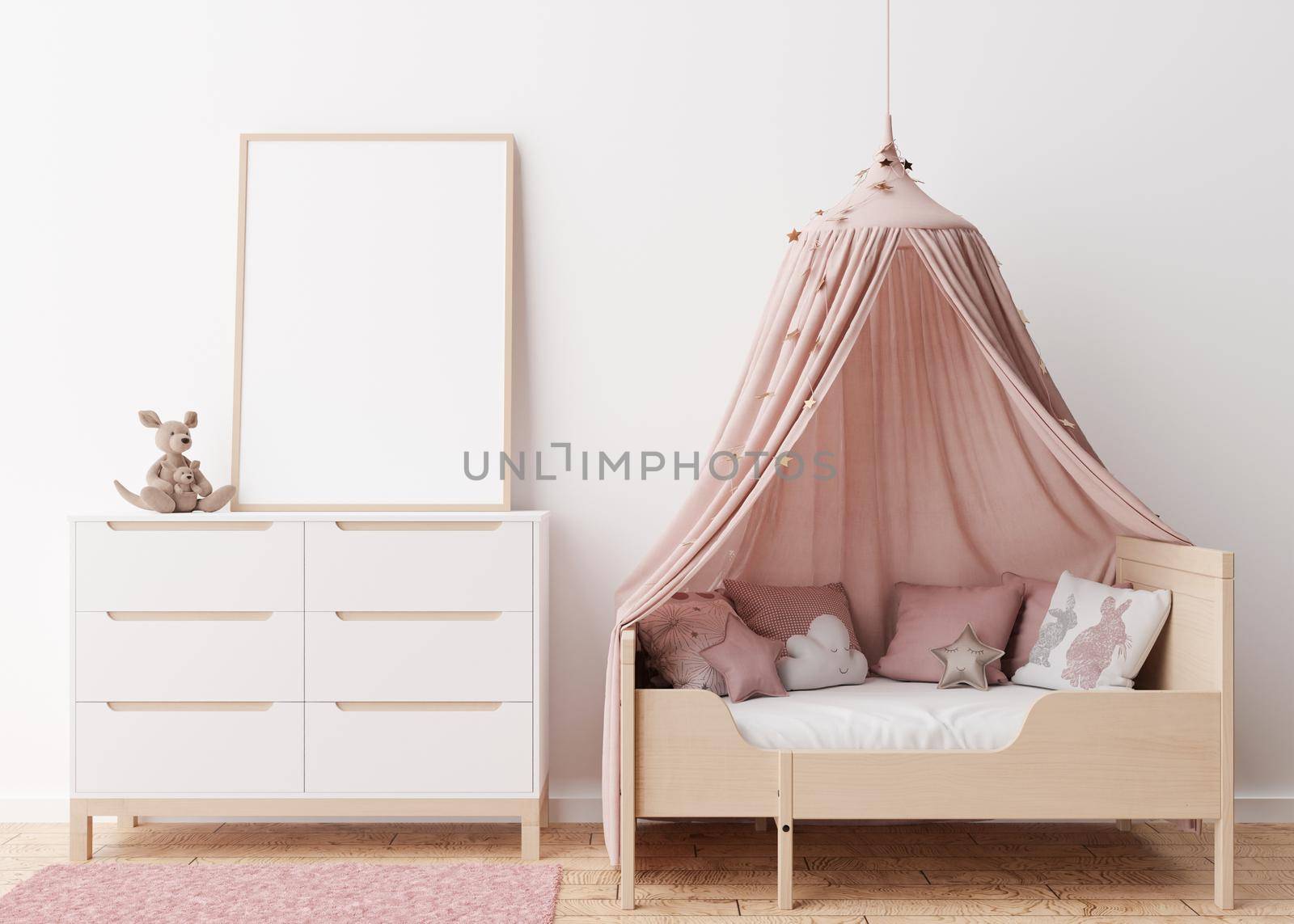 Empty vertical picture frame on white wall in modern child room. Mock up interior in scandinavian style. Free, copy space for your picture. Bed, console, toys. Cozy room for kids. 3D rendering