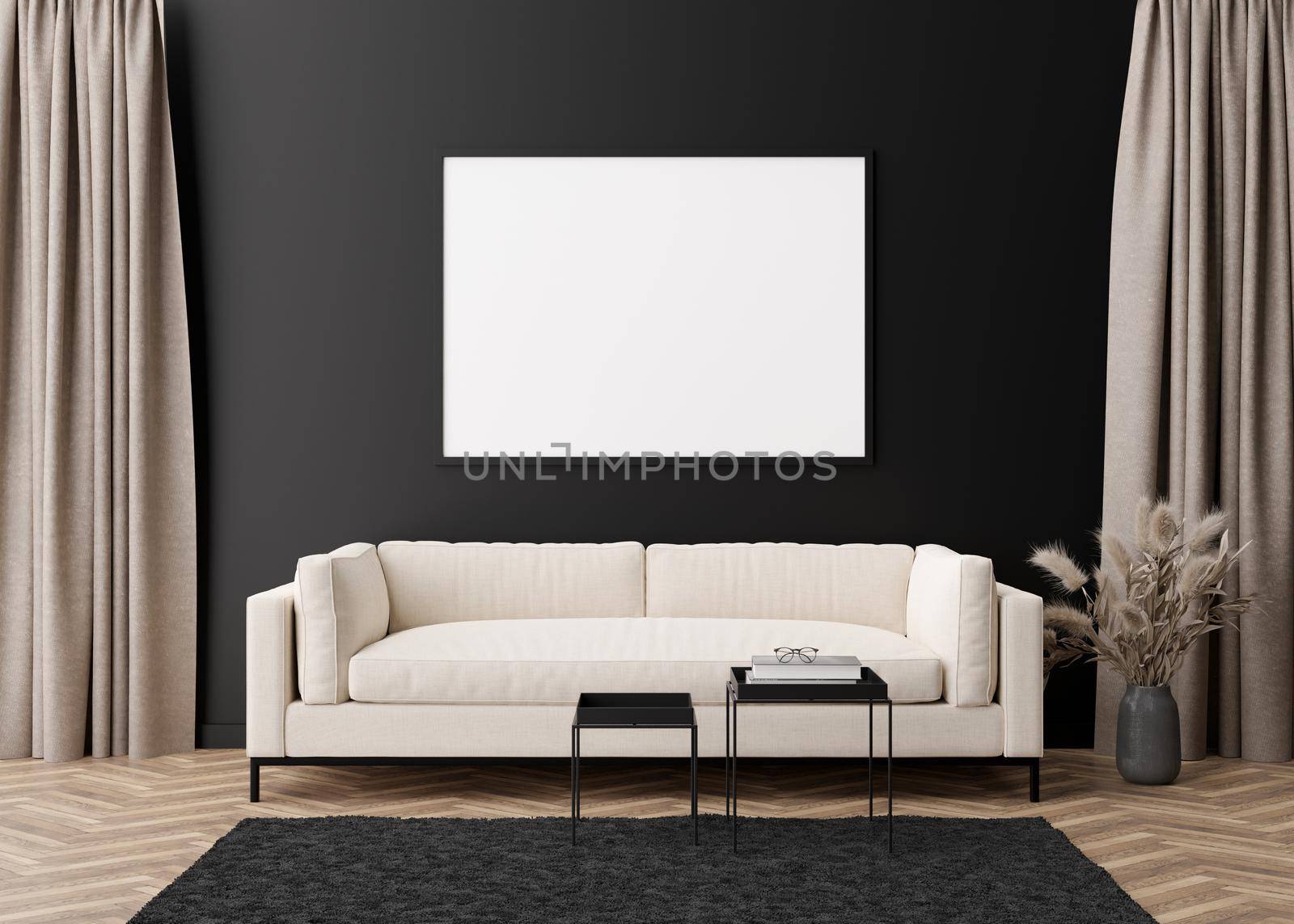 Empty horizontal picture frame on black wall in modern living room. Mock up interior in contemporary style. Free, copy space for your picture, poster. Sofa, table, pampas grass in vase. 3D rendering. by creativebird