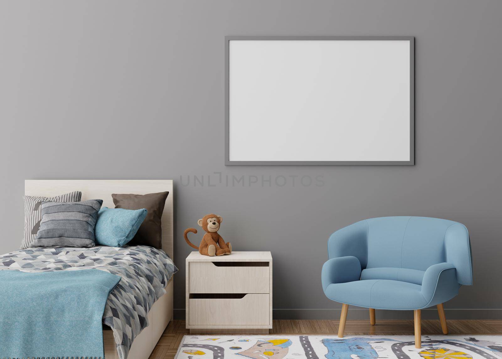 Empty horizontal picture frame on gray wall in modern child room. Mock up interior in scandinavian style. Free, copy space for your picture, poster. Bed, toys. Cozy room for kids. 3D rendering. by creativebird
