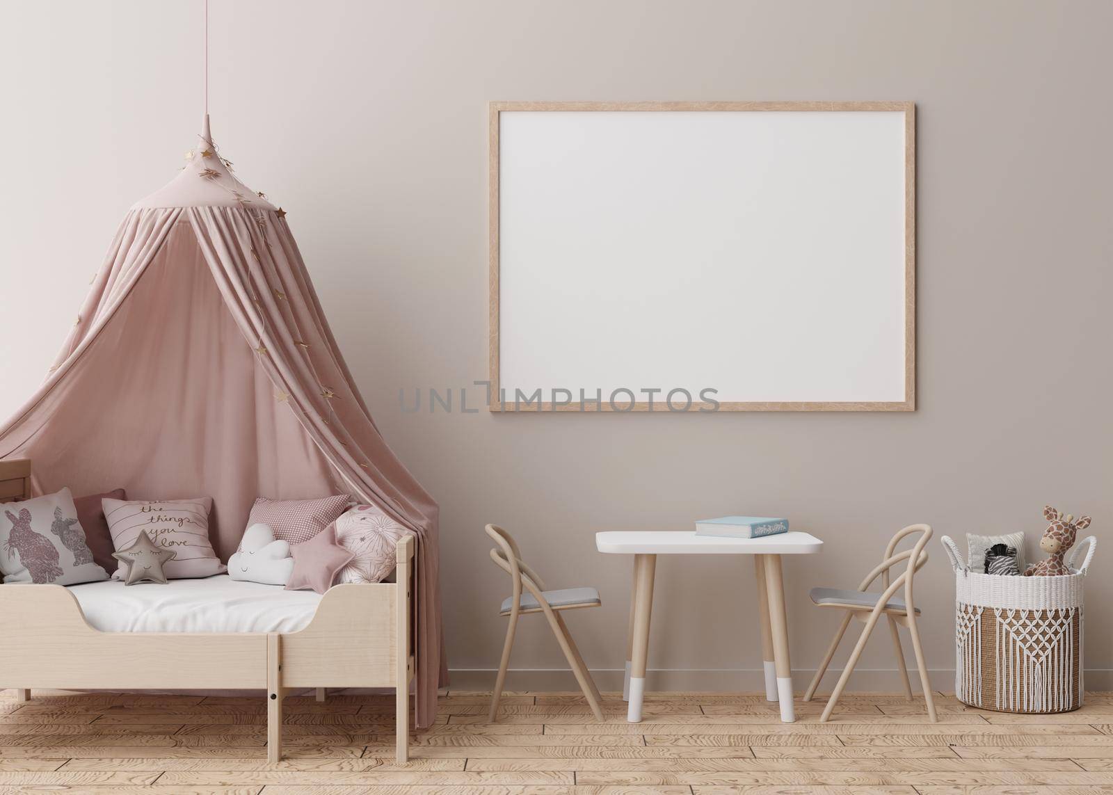 Empty horizontal picture frame on cream wall in modern child room. Mock up interior in scandinavian style. Free, copy space for your picture, poster. Bed, toys. Cozy room for kids. 3D rendering. by creativebird