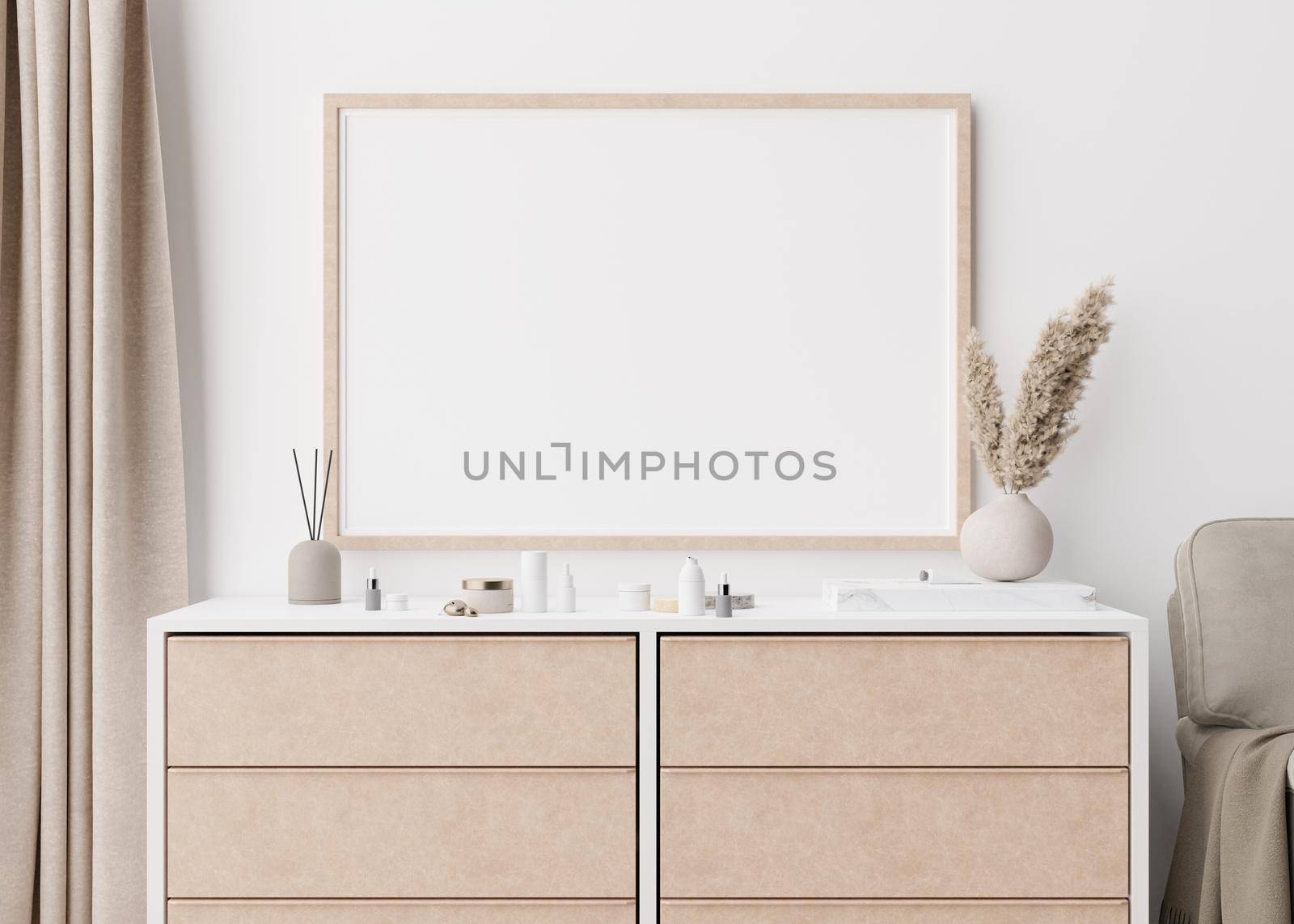 Empty picture frame on white wall in modern bedroom. Mock up interior in scandinavian style. Close up view. Free space for your picture, poster. Console, vase, pampas grass, cosmetic. 3D rendering. by creativebird