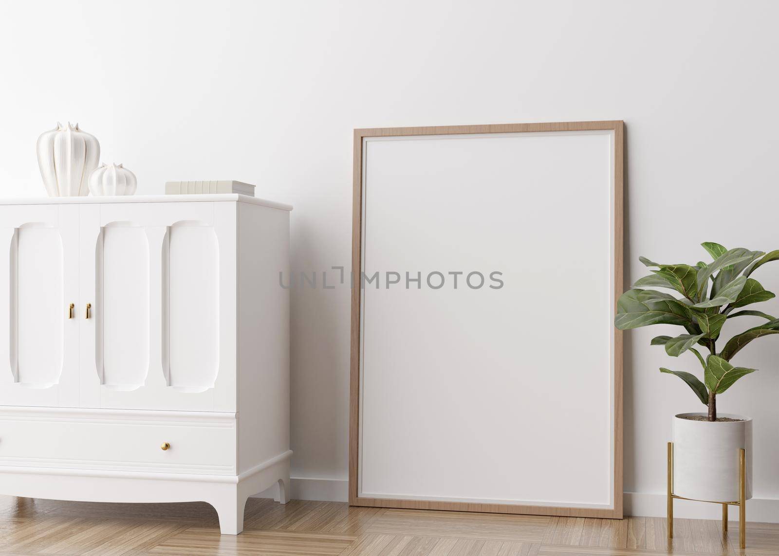 Empty vertical picture frame standing on parquet floor in modern living room. Mock up interior in minimalist, scandinavian style. Free space for picture. Console, plant, vases. 3D rendering
