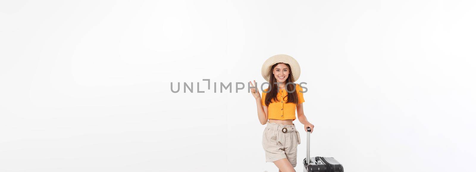 Full length of attractive young female in traveller casual with the travel bag, isolated on white background.