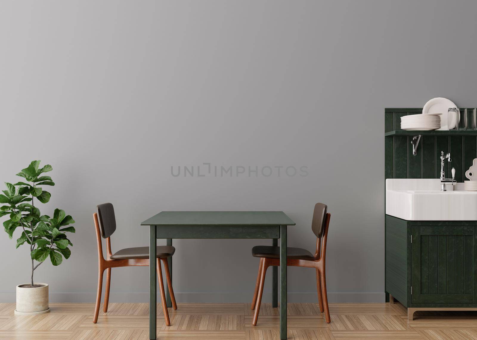 Empty gray wall in modern kitchen. Mock up interior in minimalist, contemporary style. Free space, copy space for your picture, text, or another design. Table, chairs, plant. 3D rendering