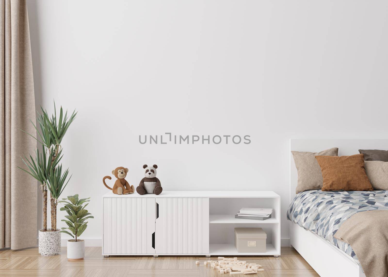 Empty white wall in modern child room. Mock up interior in scandinavian style. Free, copy space for your picture, poster. Bed, rattan basket, toys. Cozy room for kids. 3D rendering