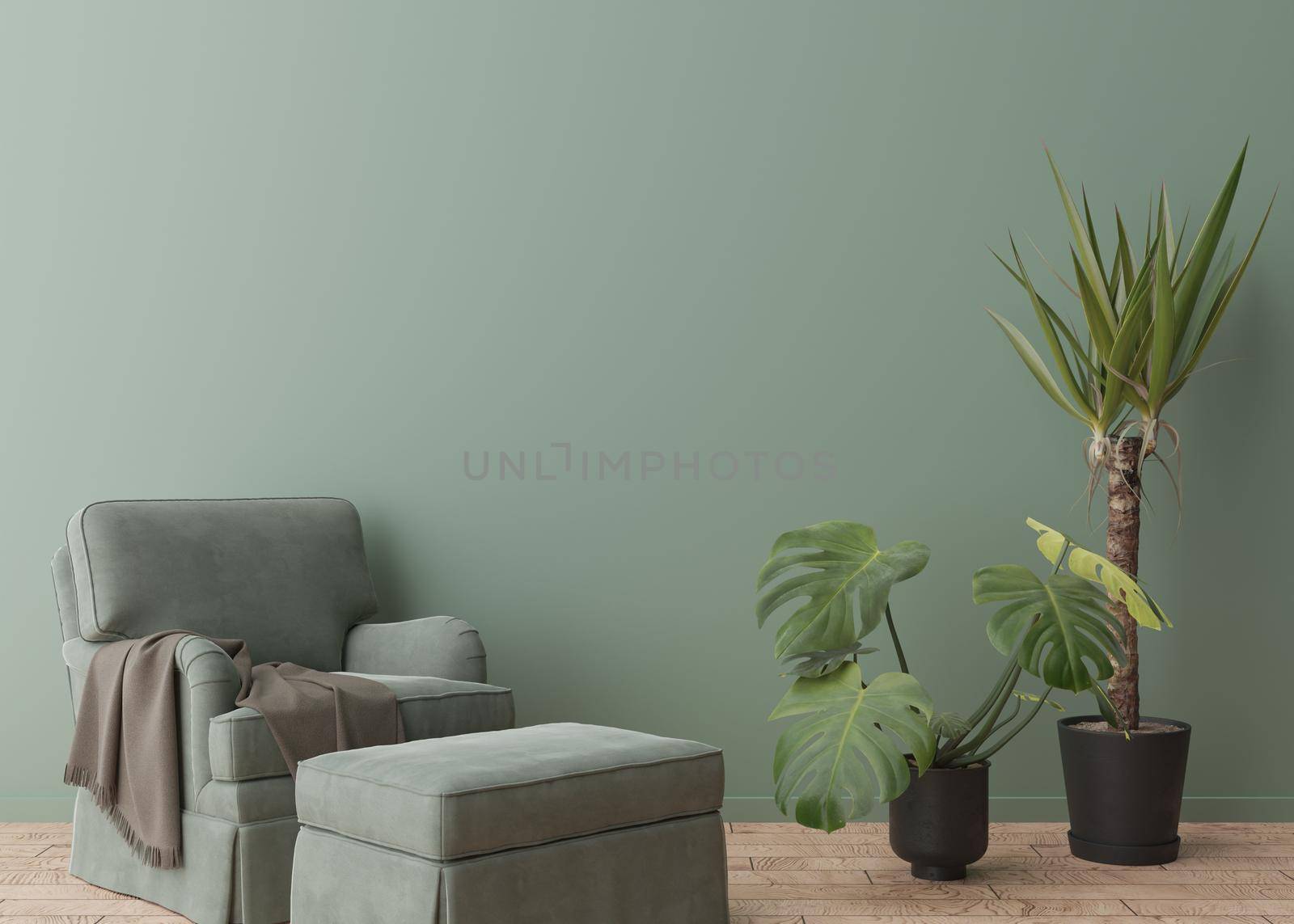 Empty green wall in modern room. Mock up interior in contemporary, scandinavian style. Free, copy space for picture, poster, text, or another design. Armchair, plants. 3D rendering