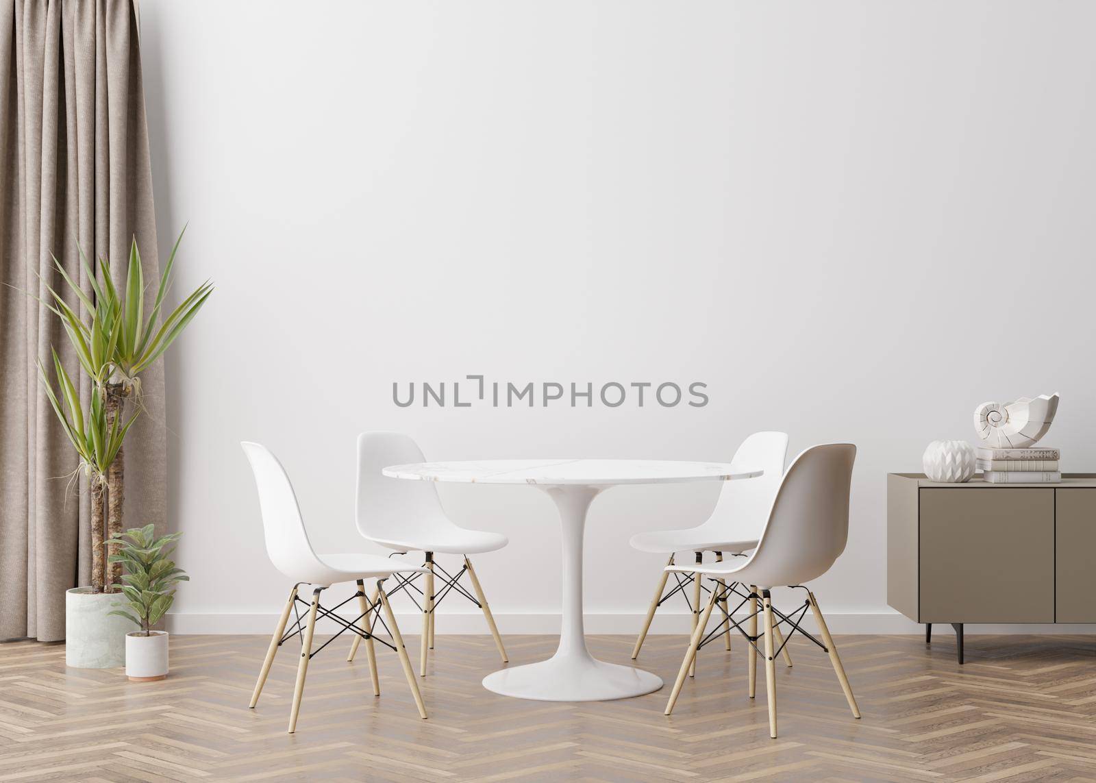 Empty white wall in modern living room. Mock up interior in contemporary, scandinavian style. Free, copy space for picture, poster, text, or another design. Console, table, plant. 3D rendering