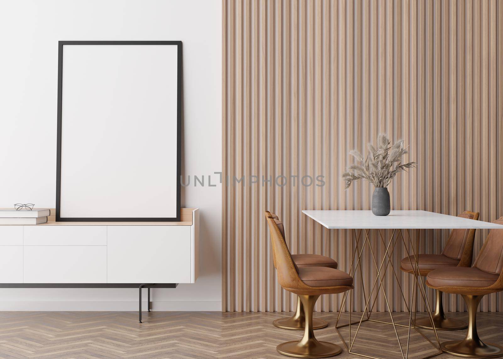 Empty vertical picture frame on white wall in modern dining room. Mock up interior in minimalist, contemporary style. Free space, copy space for your picture. Dining table, chairs, vase. 3D rendering. by creativebird