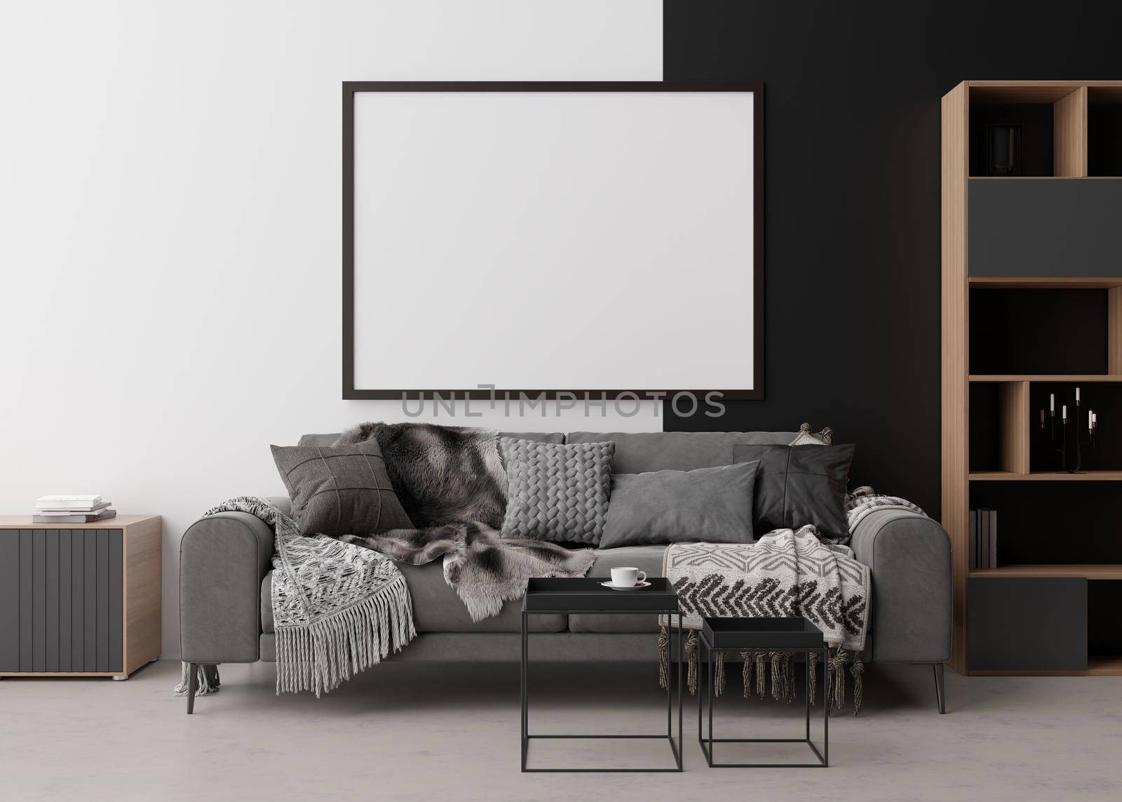 Empty picture frame on white and black wall in modern living room. Mock up interior in contemporary style. Free space, copy space for your picture, poster. Sofa, table. 3D rendering. by creativebird