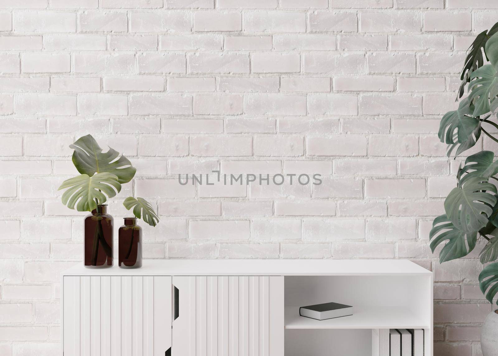 Empty, white brick wall. Mock up interior in contemporary style. Close up view. Free, copy space for your picture, text, or another design. Sideboard, monstera plants. 3D rendering