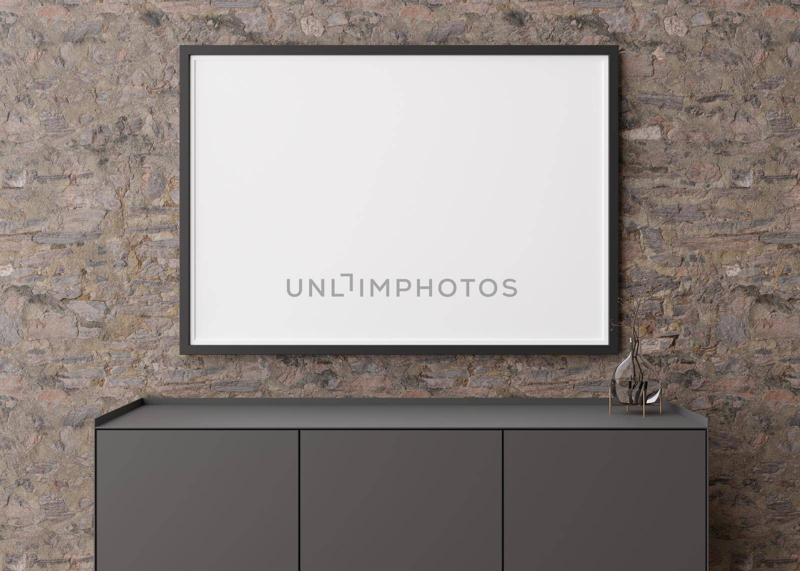 Empty horizontal picture frame on brown stone wall in modern living room. Mock up interior in contemporary style. Free, copy space for picture, poster. Console, glass vase. 3D rendering