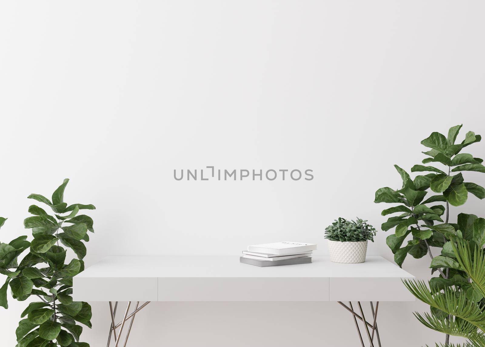 Empty white wall. Mock up interior in contemporary style. Close up view. Free space, copy space for your picture, text, or another design. Sideboard, plants. 3D rendering