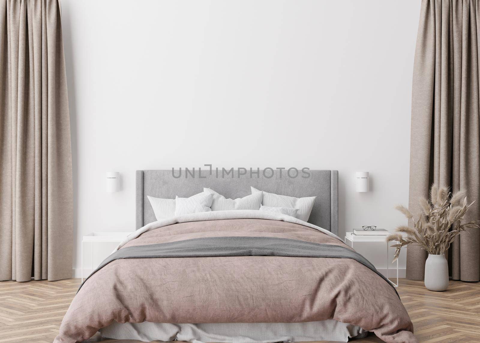 Empty white wall in modern and cozy bedroom. Mock up interior in minimalist, contemporary style. Free space, copy space for your picture, text, or another design. Bed, pampas grass. 3D rendering