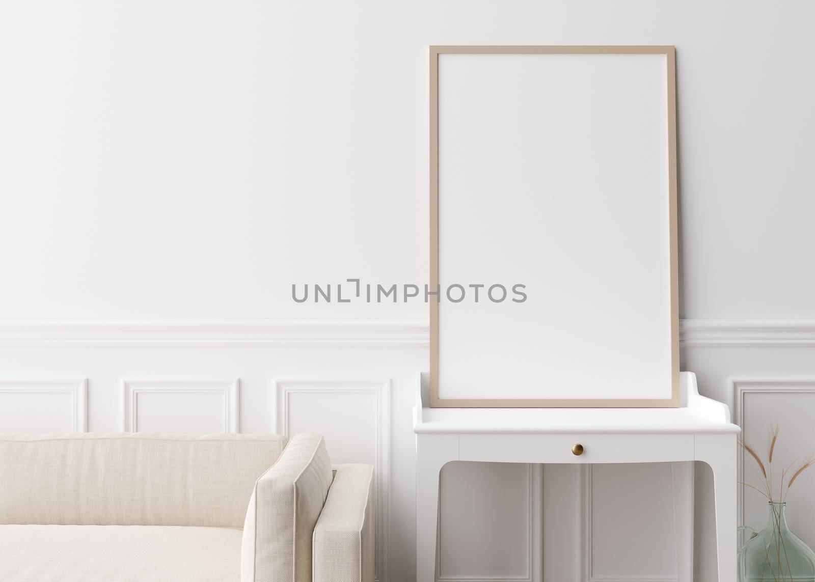 Empty vertical picture frame standing on console in modern living room. Mock up interior in contemporary style. Free, copy space for picture. Glass vase with dried grass. 3D rendering