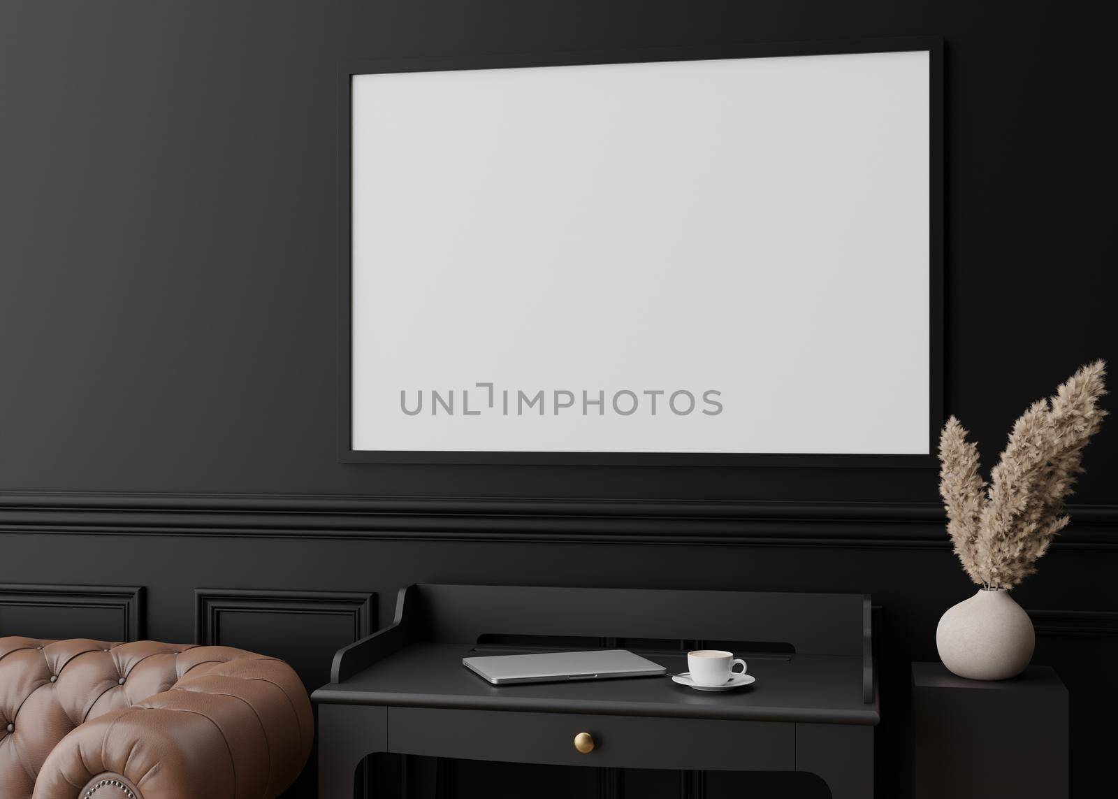 Empty picture frame on black wall in modern living room. Mock up interior in contemporary style. Close up view. Free space for your picture, poster. Console, vase, pampas grass. 3D rendering