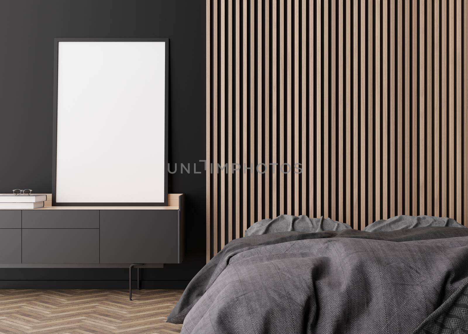 Empty vertical picture frame on black wall in modern bedroom. Mock up interior in minimalist, contemporary style. Free space, copy space for your picture. Bed, console. 3D rendering