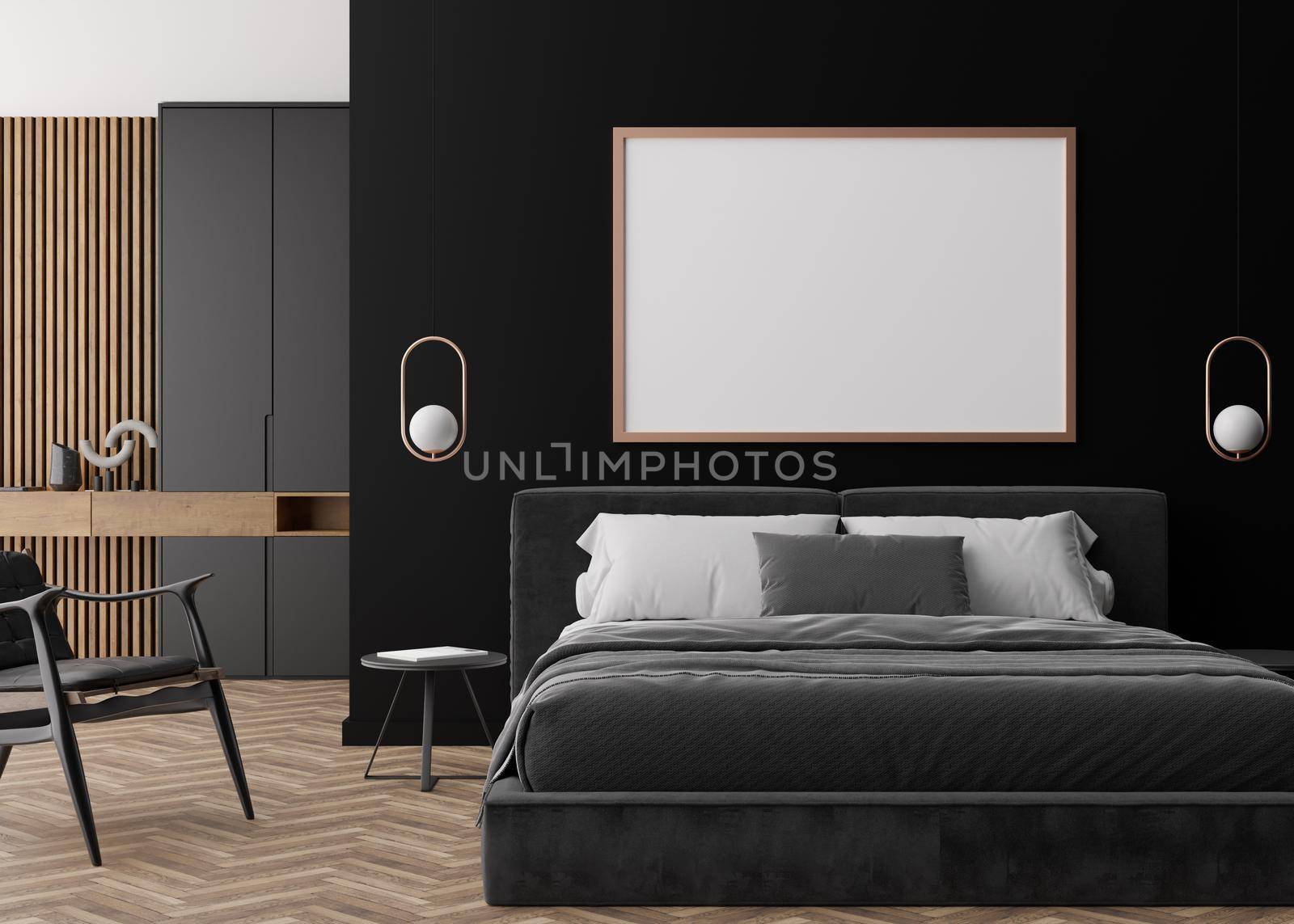 Empty picture frame on black wall in modern bedroom. Mock up interior in contemporary style. Free, copy space for your picture, poster. Bed, armchair, wardrobe, lamps. 3D rendering. by creativebird
