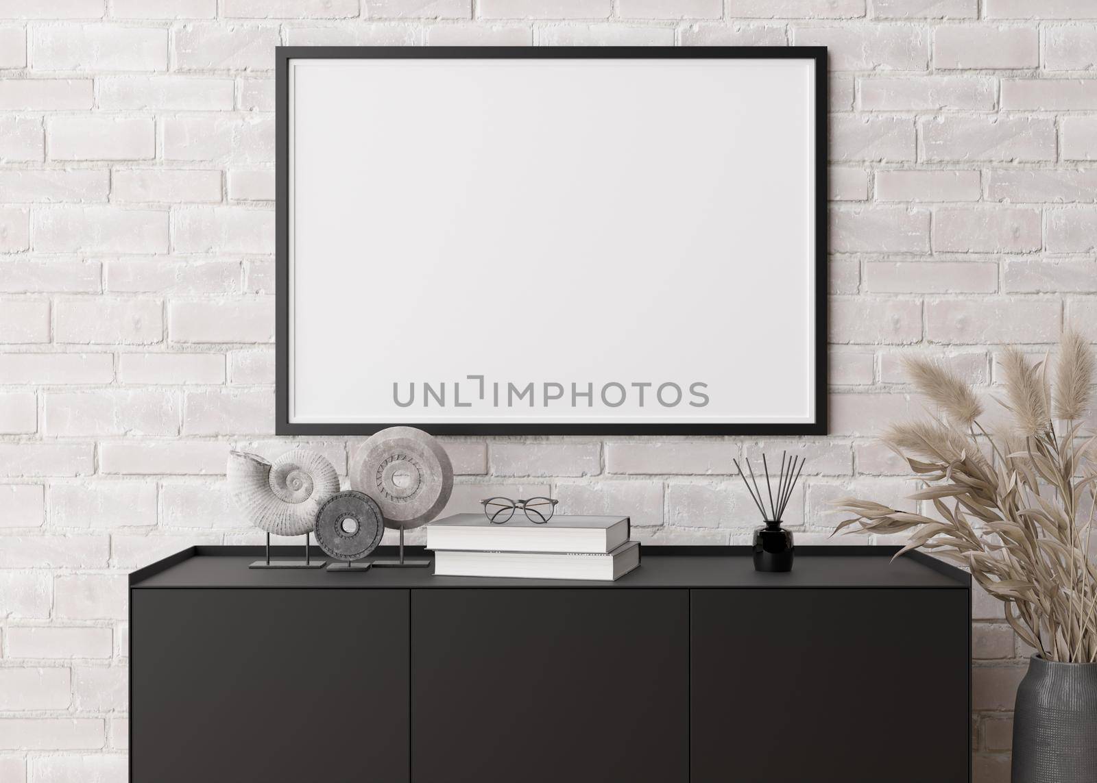 Empty horizontal picture frame on white brick wall in modern living room. Mock up interior in contemporary style. Free, copy space for picture, poster. Console, sculptures, pampas grass. 3D rendering