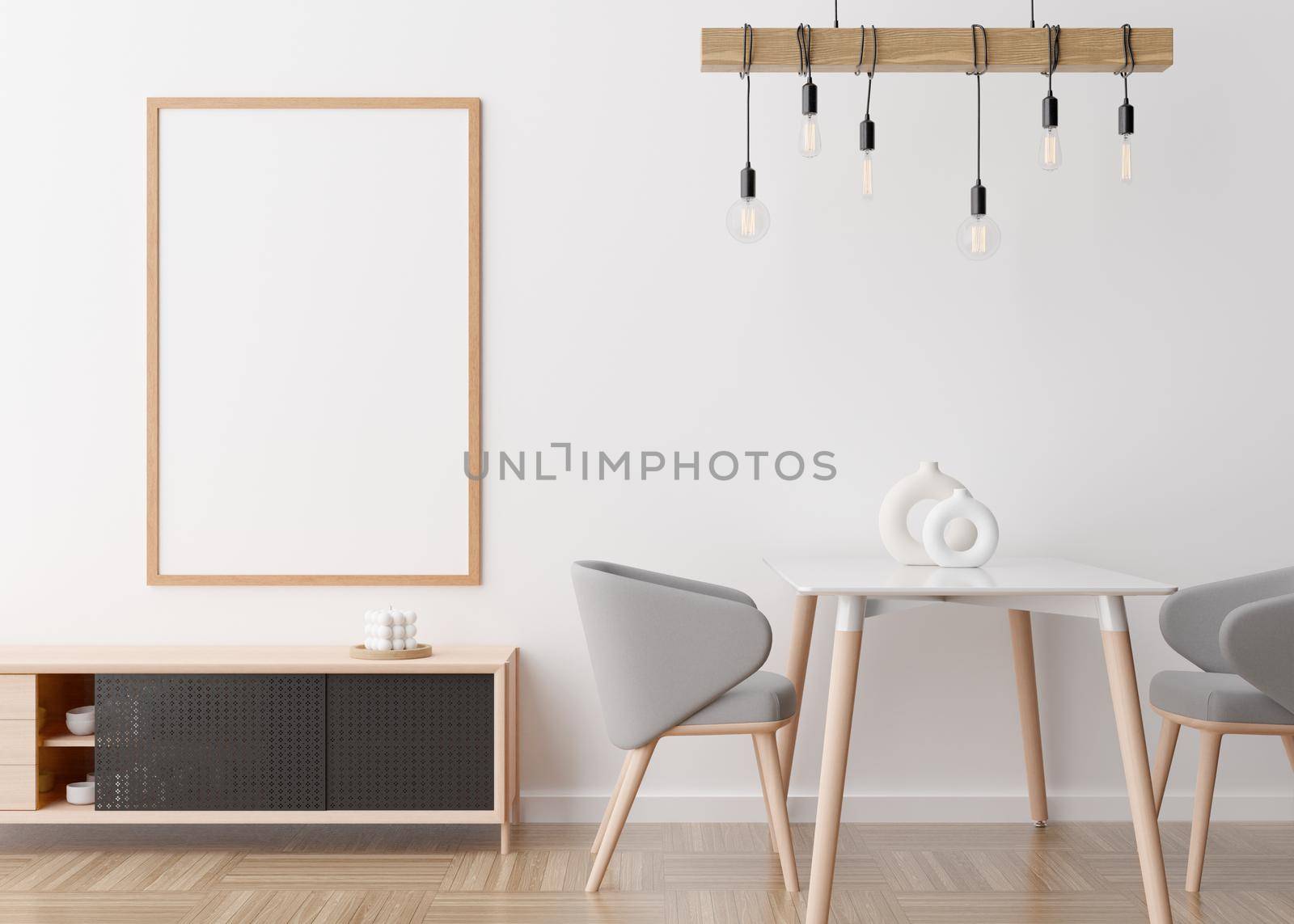 Empty vertical picture frame on white wall in modern living room. Mock up interior in minimalist, scandinavian style. Free space for picture. Console, table, chairs, lamp, vases. 3D rendering