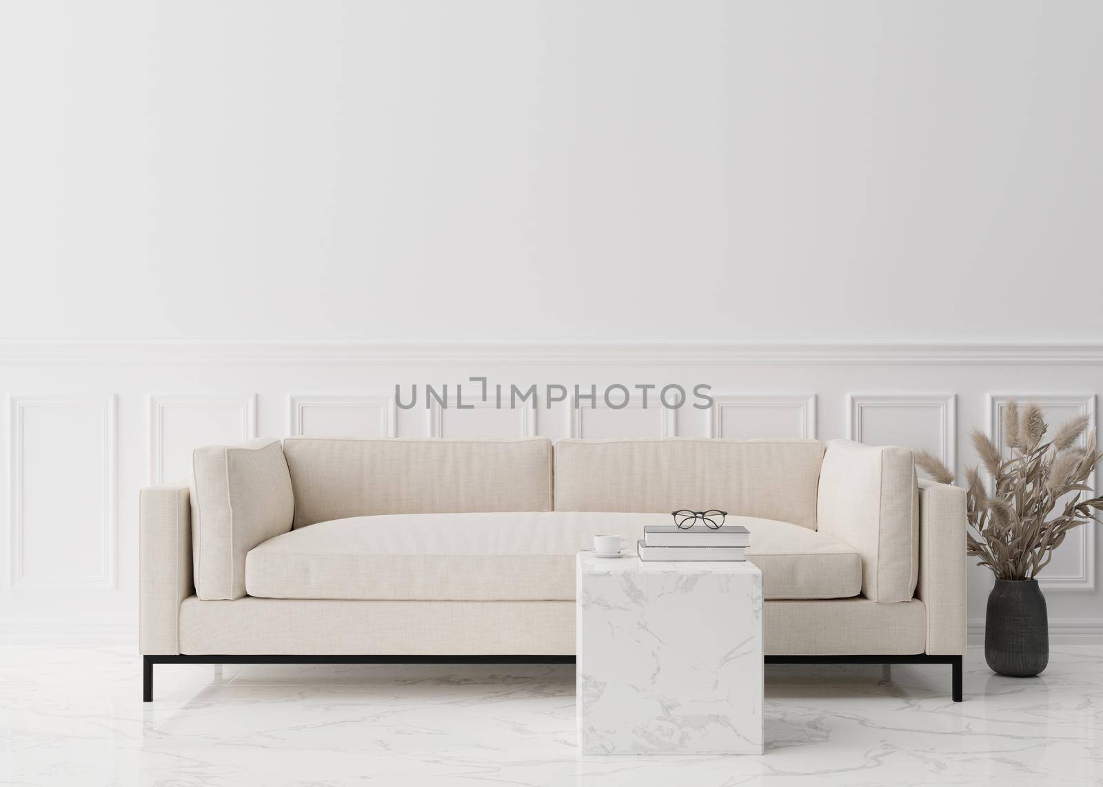 Empty white wall in modern living room. Mock up interior in contemporary style. Free, copy space for picture, poster, text, or another design. Sofa, table, pampas grass. 3D rendering. by creativebird