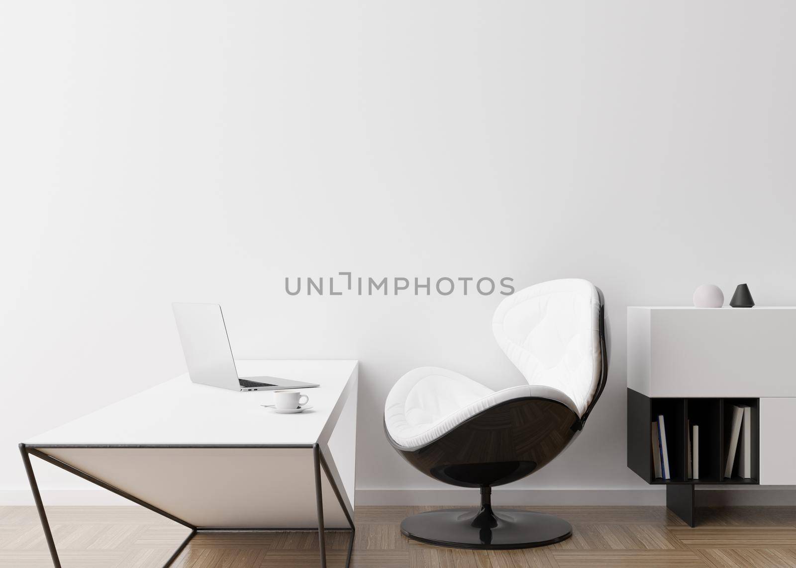 Empty white wall in modern room. Mock up interior in contemporary style. Free, copy space for picture, poster, text, or another design. Console, desk, chair, books, laptop. 3D rendering. by creativebird